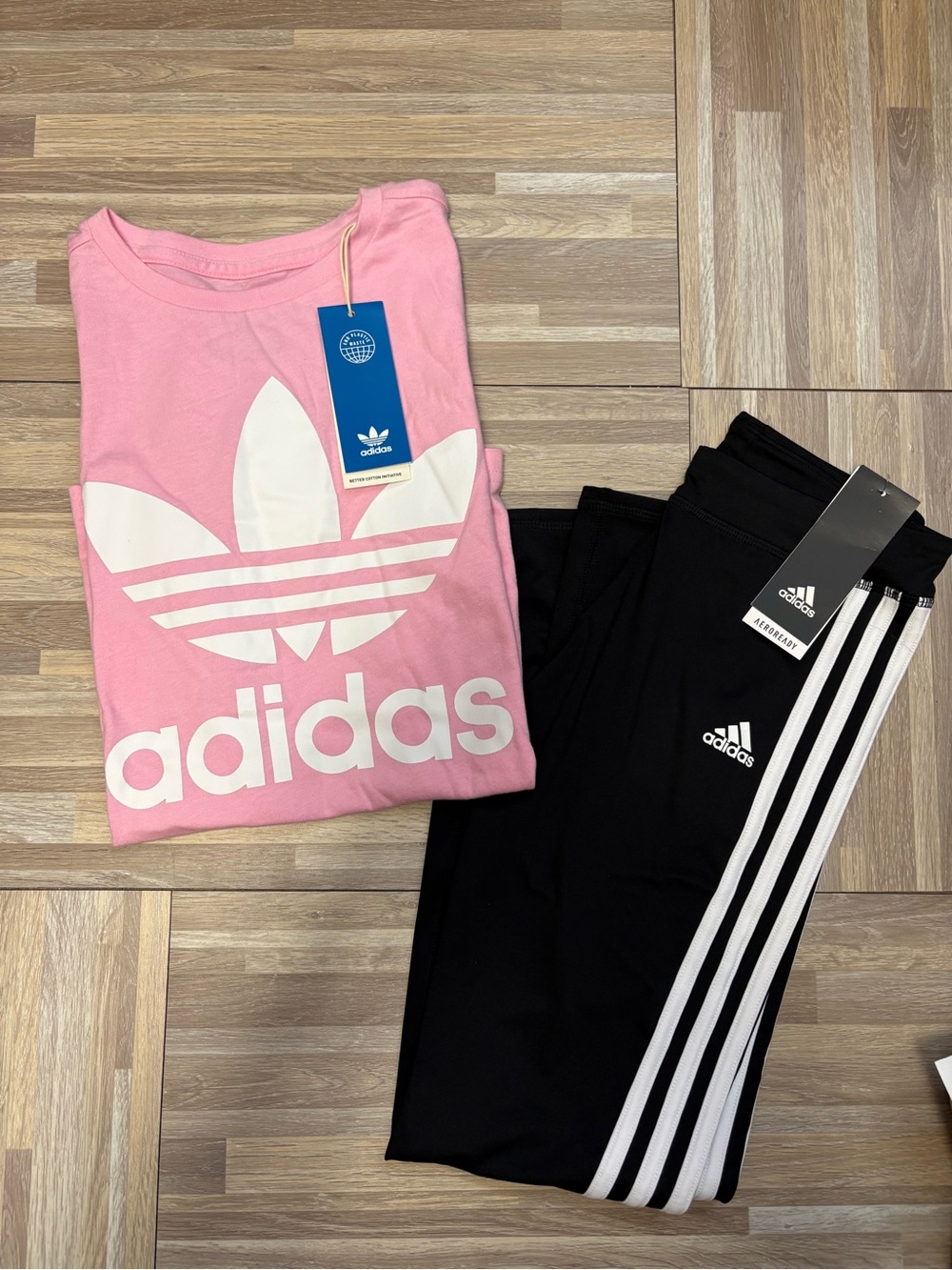 adidas Pink Trefoil Tee and Black 3-Stripe Leggings Set